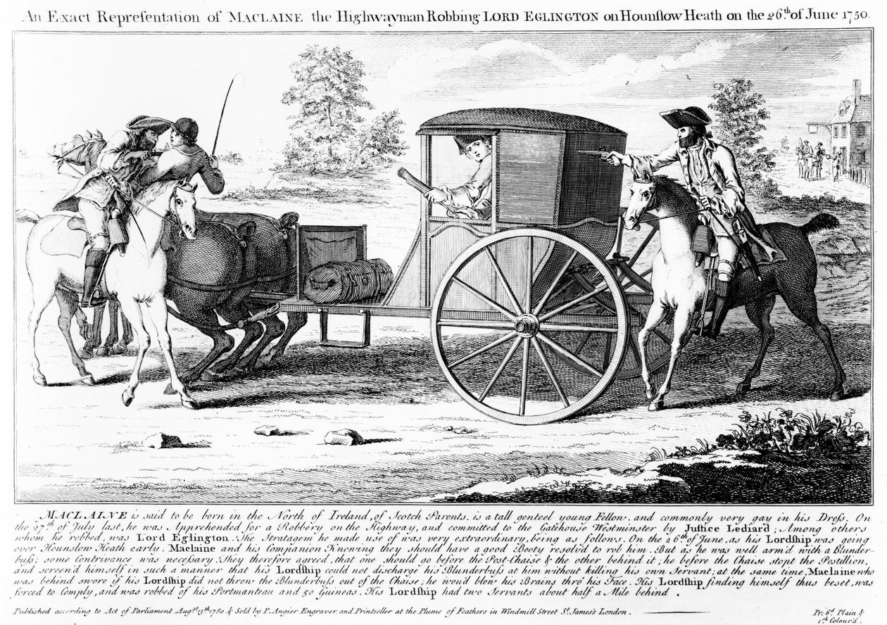 Représentation exacte de Maclaine le bandit de grand chemin volant Lord Eglington sur Hounslow Heath le 26 juin 1750, gravure de Charles Mosley, 1750 - English School