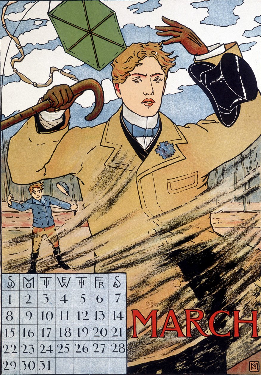 Un homme élégant luttant contre le vent - image de calendrier anglais, mars, fin 19ème siècle - English School