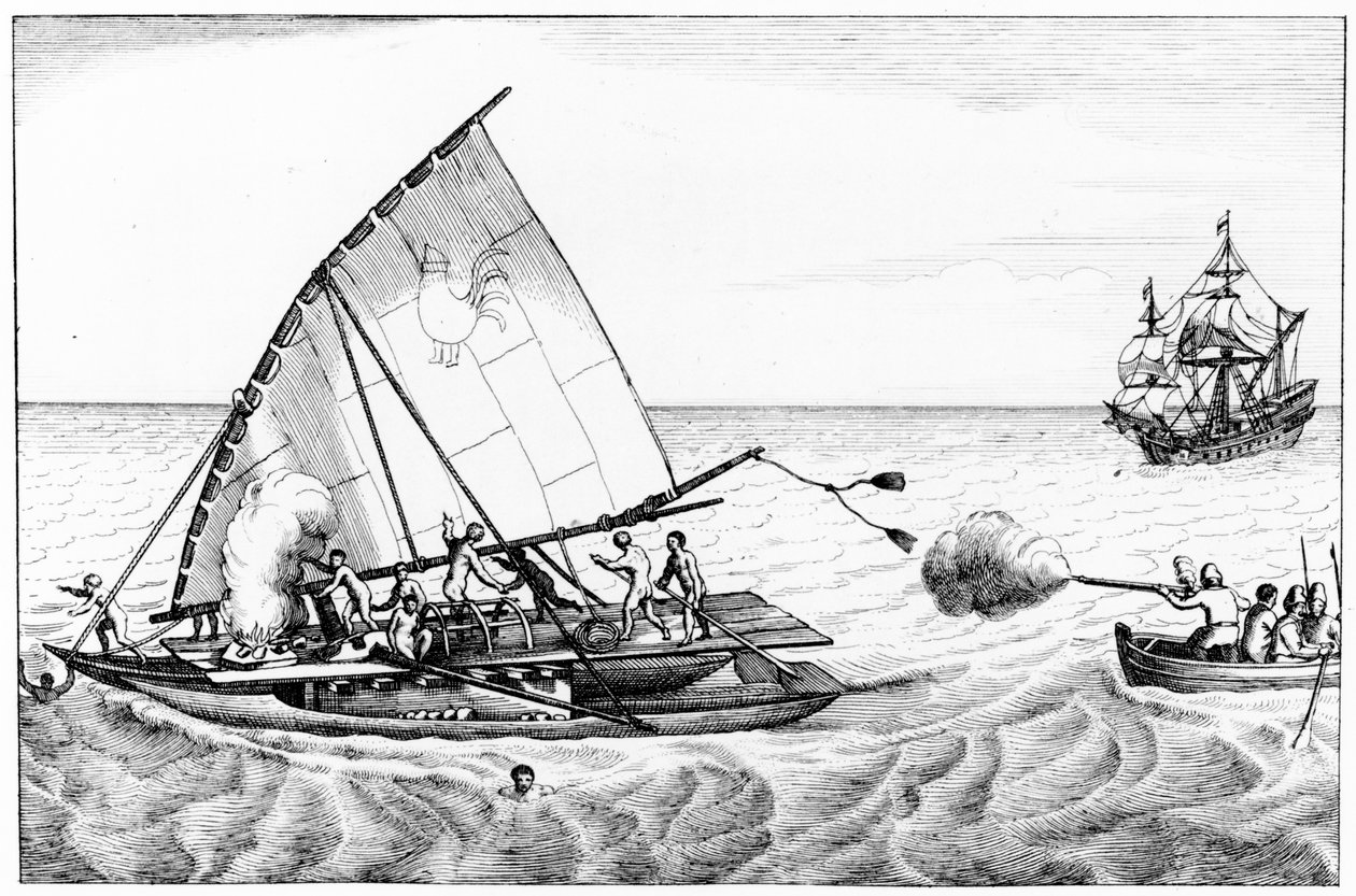 Un incident lors de la circumnavigation du monde par Le Maire (c.1585-1616) et Schouten (c.1567-1625) en 1615-16, du Volume II de Chronological History of the Voyages and Discoveries in the South Sea - English School