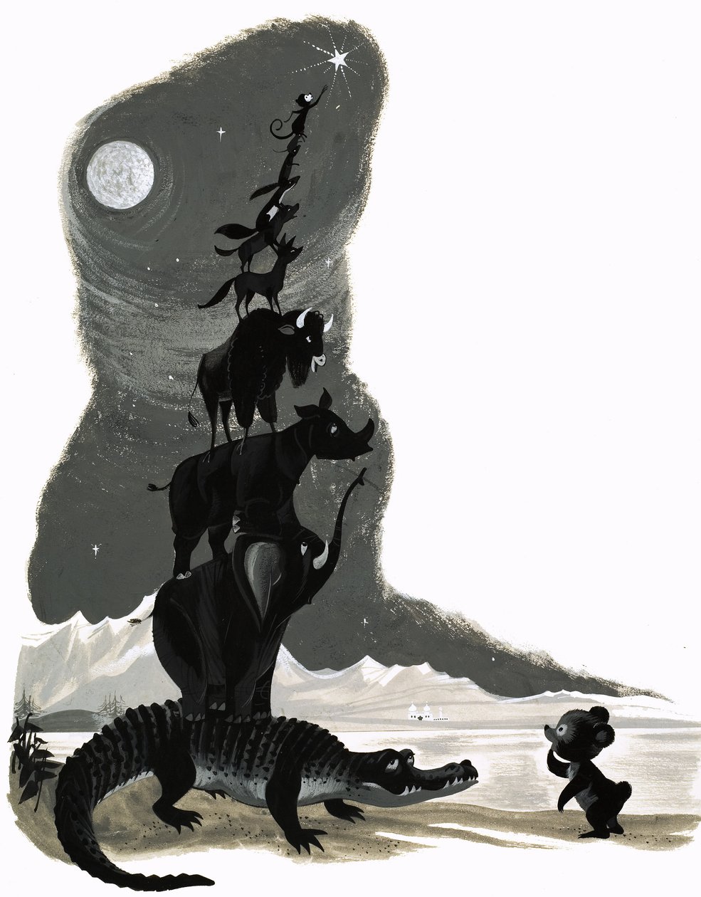 Animaux empilés les uns sur les autres (gouache sur papier) - English School