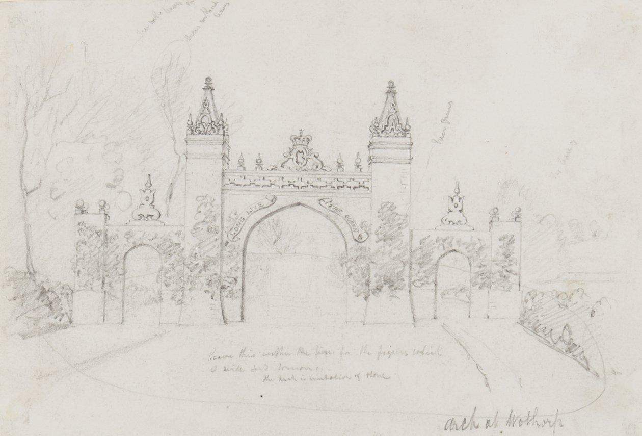 Arc à Wothorp, Cambridgeshire, érigé pour accueillir la reine Victoria et le prince Albert en route vers Burghley House - English School