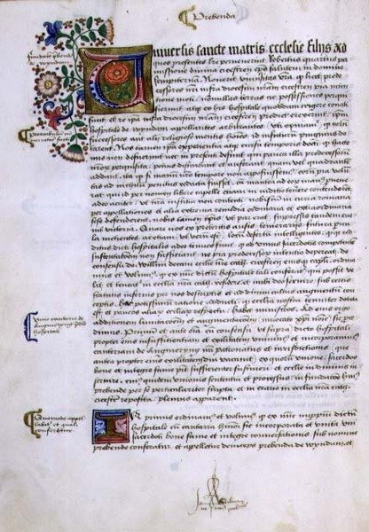 Page de texte avec initiale illuminée, du Livre des Fondations de Robert Sherborne ou Shirburn (c.1450-1536) Évêque de Chichester - English School