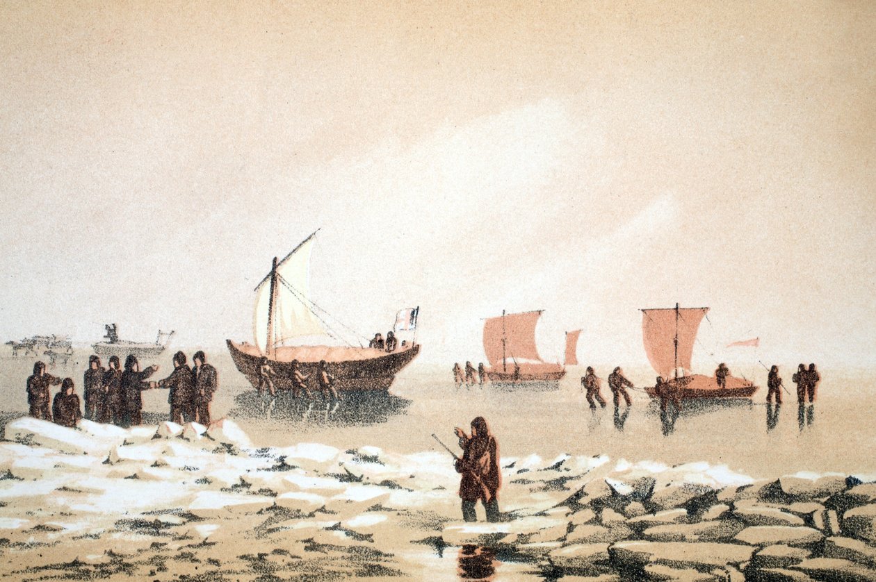 Voyage Arctique, illustration de Voyage à la Baie de Baffin et aux Détroits de Barrow..., 1852 (gravure en couleurs) - English School