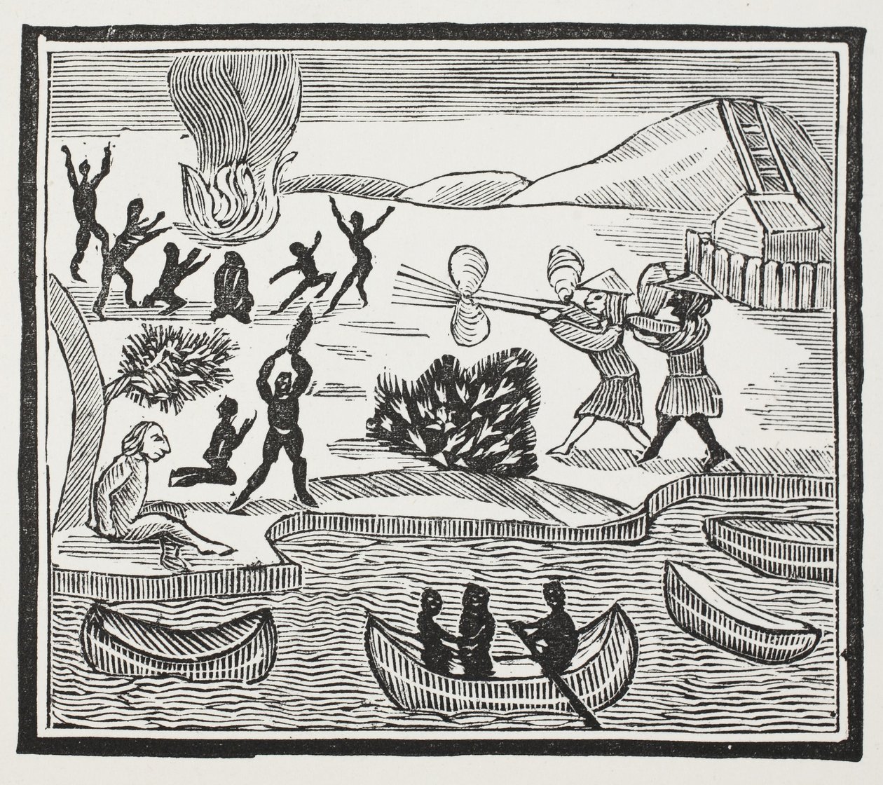 Arrivée des sauvages avec un prisonnier chrétien, illustration de Chap-books du XVIIIe siècle par John Ashton, pub. 1882 - English School