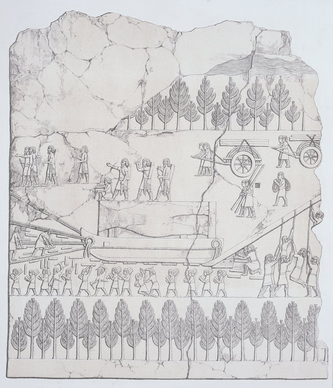 Assyriens déplaçant un taureau ailé sur un traîneau, de Ninive et ses restes par Austen Henry Layard (1817-94) publié en 1849 - English School