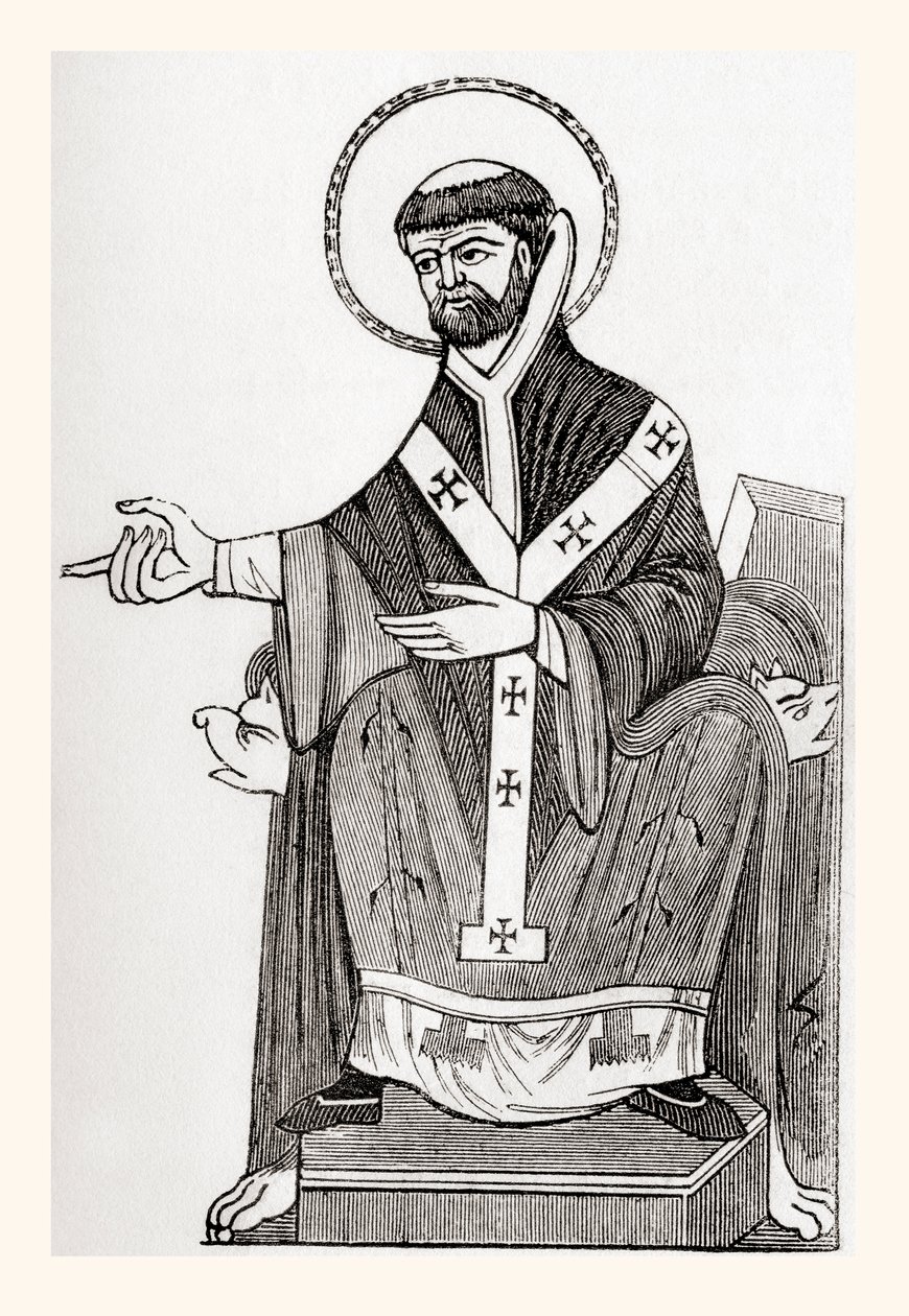 Augustin de Cantorbéry, moine bénédictin catholique du 6ème siècle devenu le premier archevêque de Cantorbéry, de Old England: A Pictorial Museum, publié en 1847 - English School