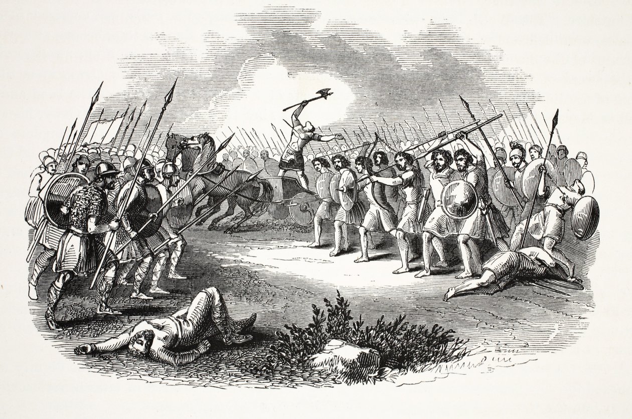 Bataille de Rhuddlan Marsh, publié au 19ème siècle (gravure sur acier) - English School