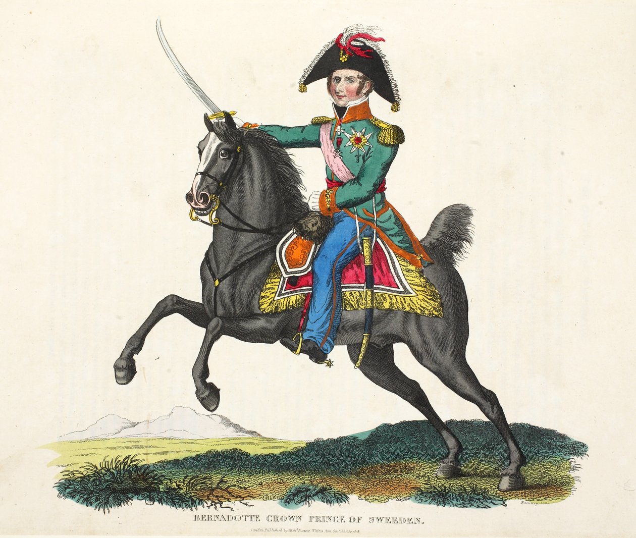 Bernadotte, Prince héritier de Suède, publié par Richard Evans, gravé par Romney, illustration de An Historical Account of the Battle of Waterloo par William Mudford, 1816 - English School