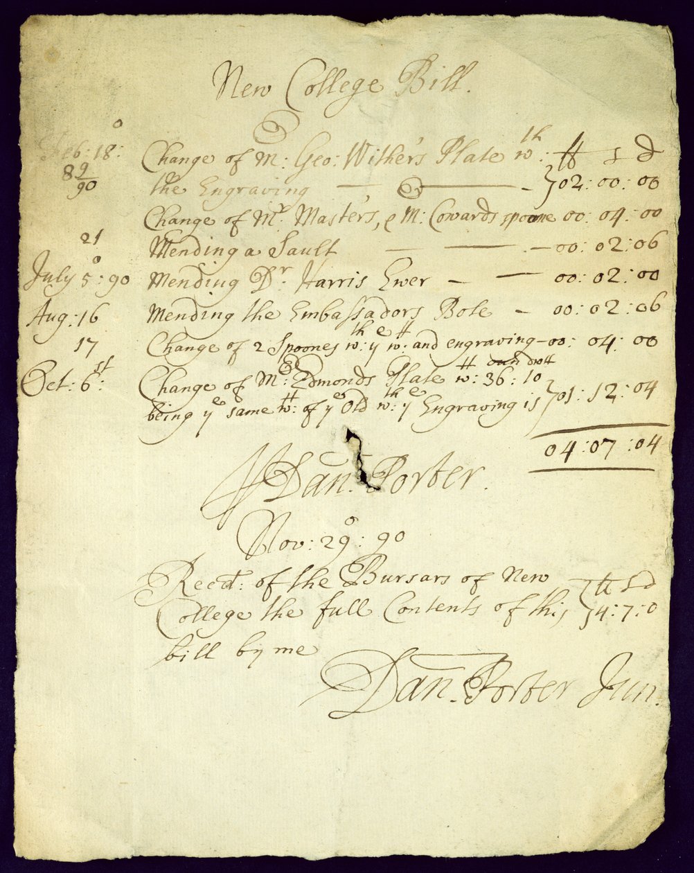 Facture de Daniel Porter à New College, 1690 - English School