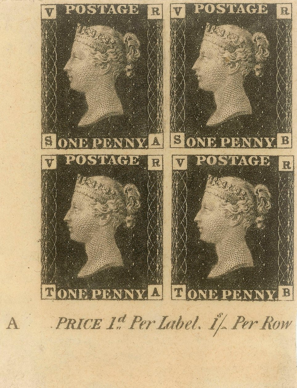 Bloc de timbres Penny Black, vers 1840 (timbres-poste) - English School