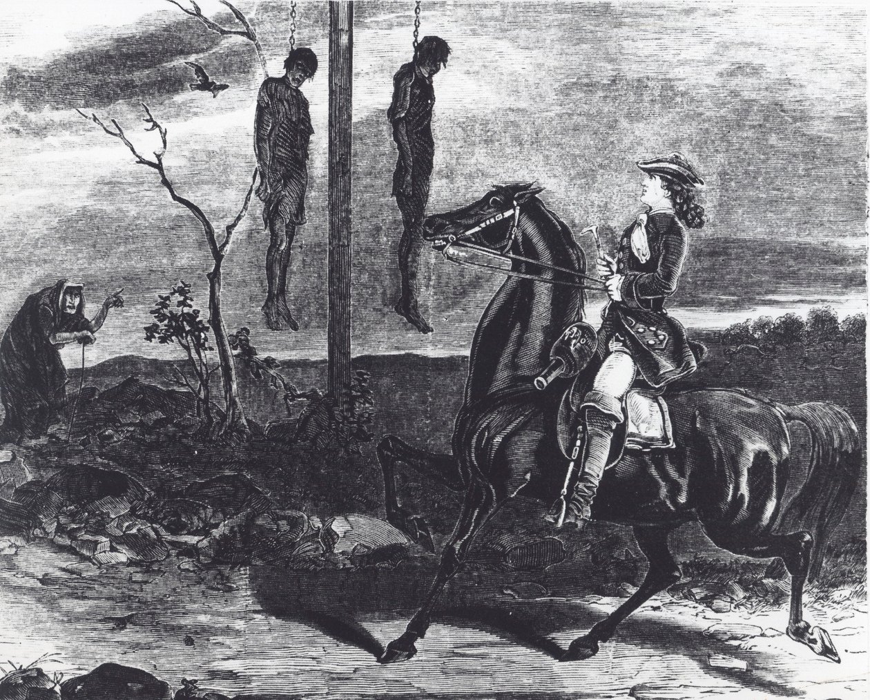 Corps de bandits de grand chemin exécutés pendus dans des gibets au bord de la route comme avertissement pour les autres criminels (lithographie) - English School