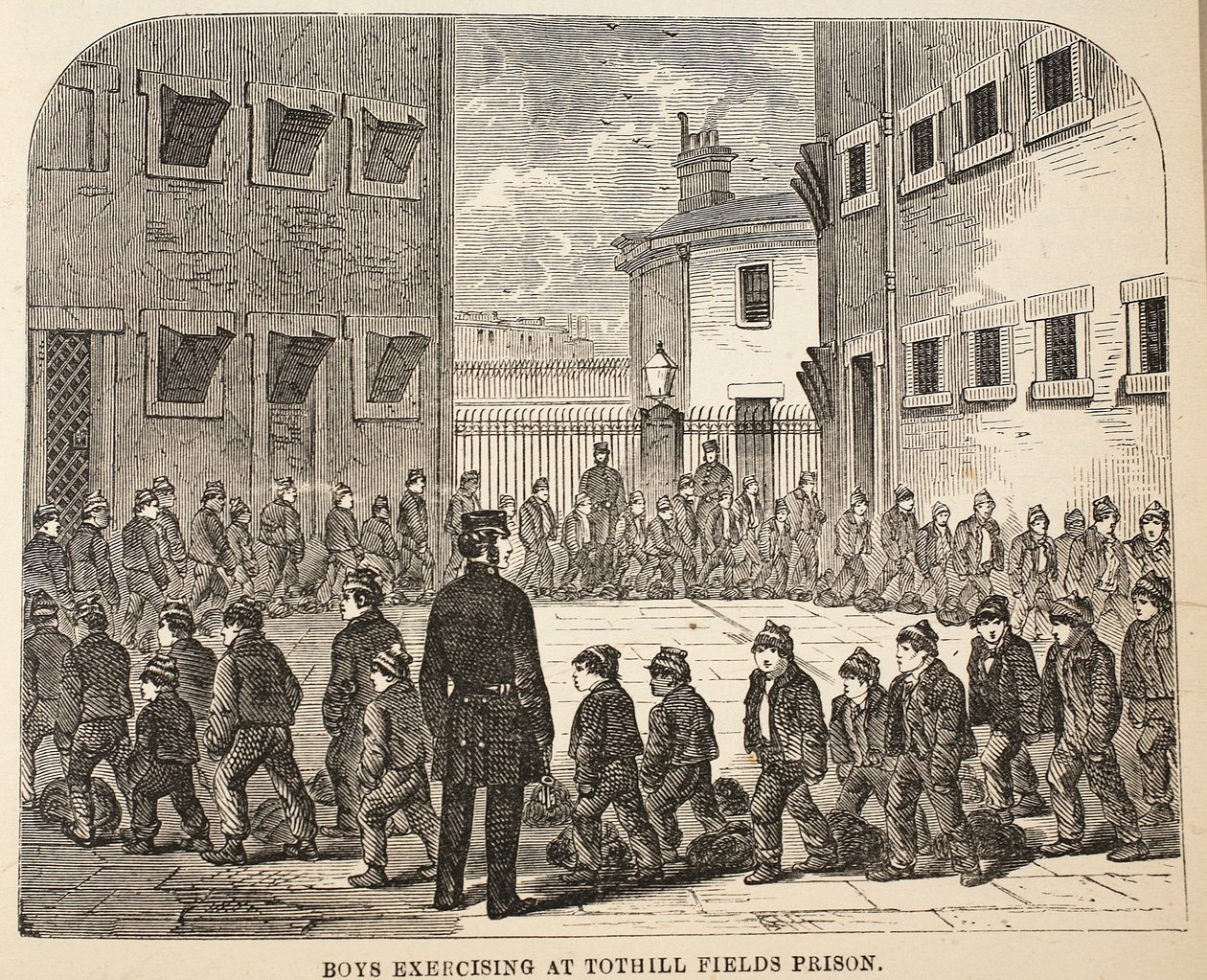 Garçons exerçant à la prison de Tothill Fields, illustration de The Criminal Prisons of London and Scenes from Prison Life par Henry Mayhew et John Binny, pub. 1862 - English School
