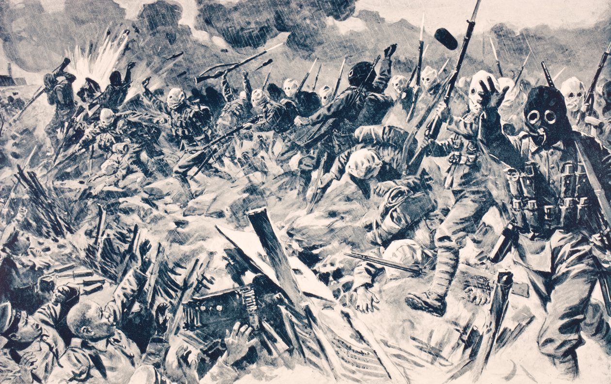Troupes britanniques en masques à gaz attaquant les tranchées allemandes à Loos, France, 25 septembre 1915, de 