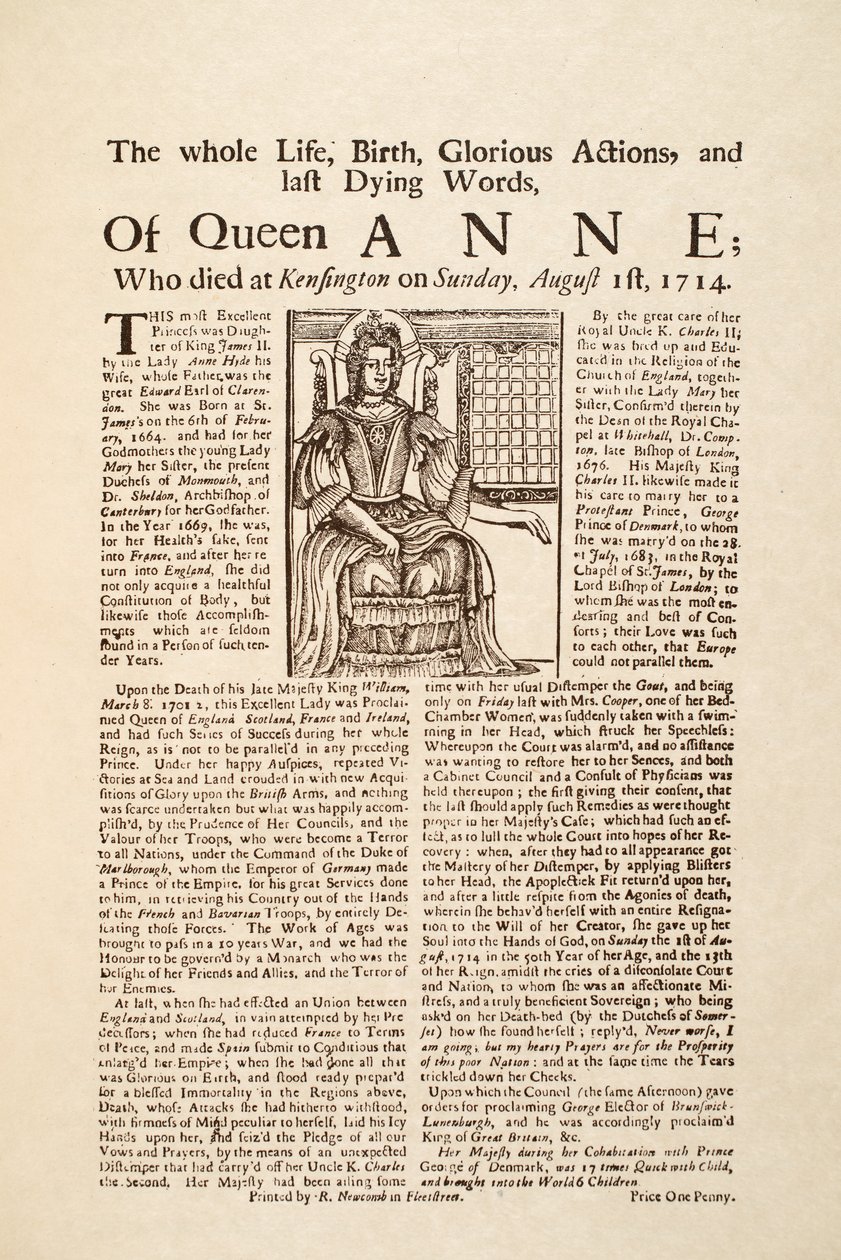 Affiche publiée à la mort de la reine Anne, le dimanche 1er août 1714 - English School