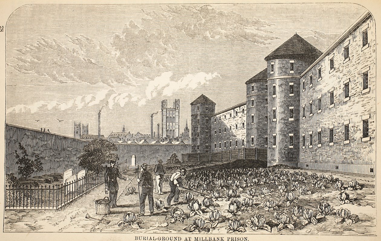 Cimetière à la prison de Millbank, illustration de The Criminal Prisons of London and Scenes from Prison Life par Henry Mayhew et John Binny, pub. 1862 - English School