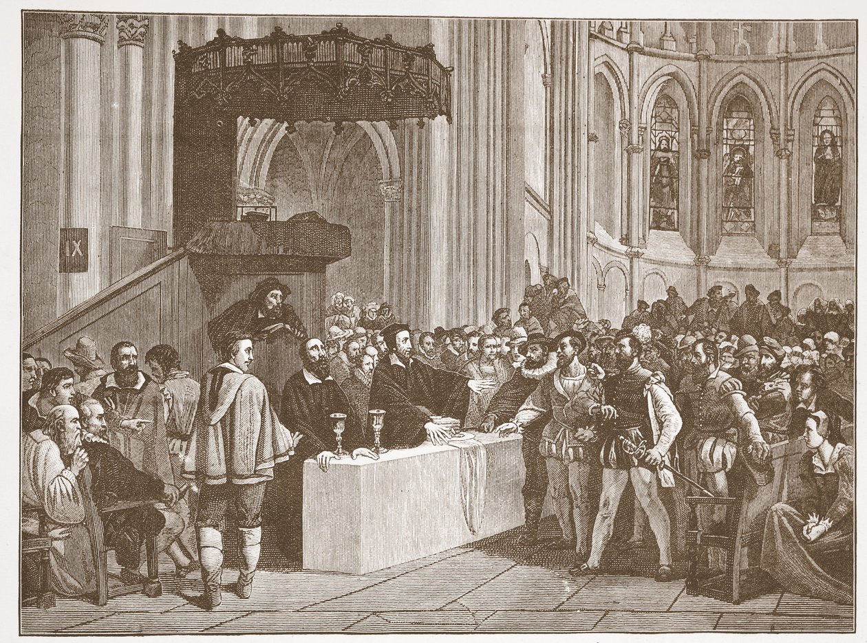Calvin refusant la Cène aux Libertins, dans la cathédrale Saint-Pierre de Genève, illustration de L