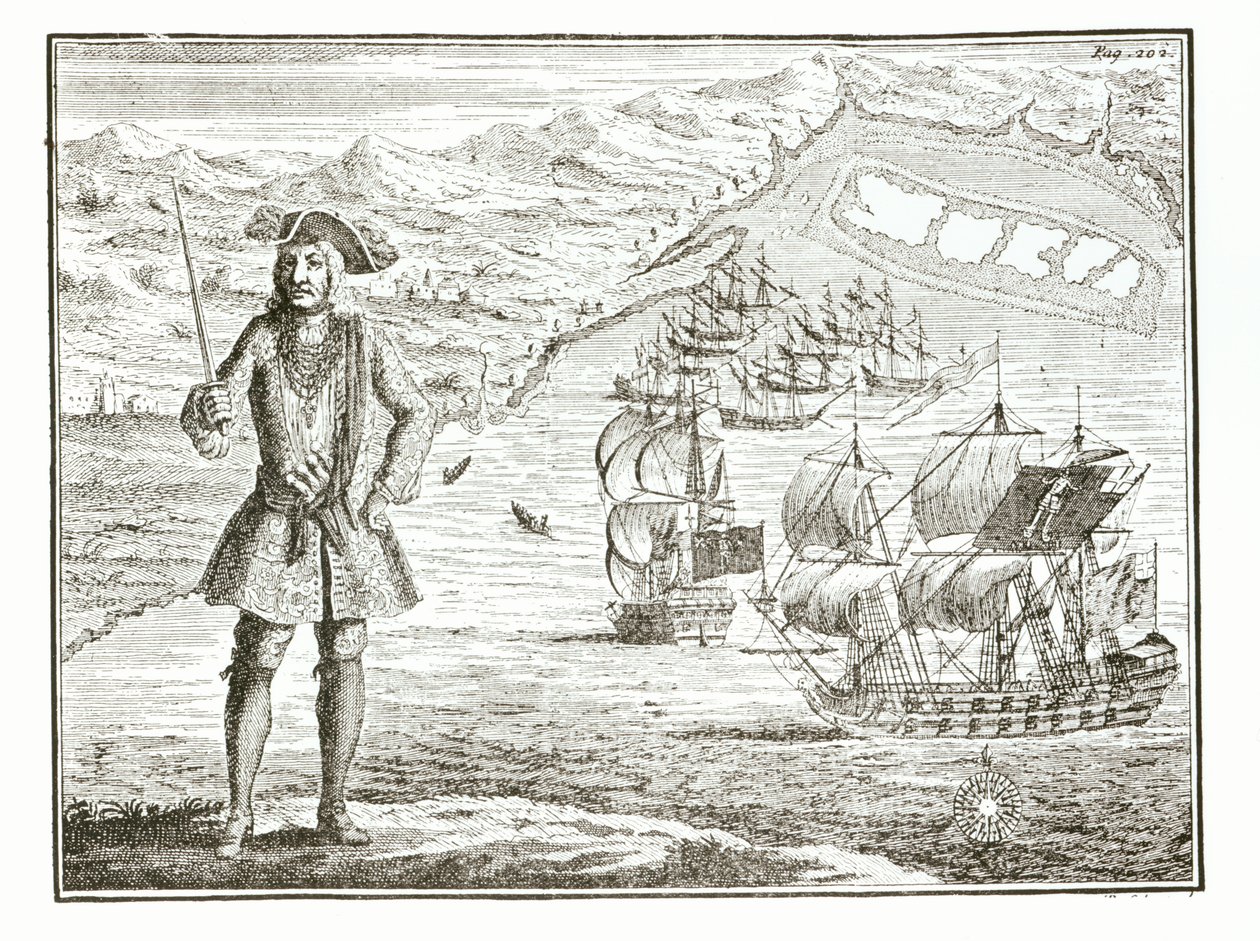 Capitaine Bartholomew Roberts (1682-1722) avec deux navires, le Royal Fortune et le Ranger prennent la mer à Whydah Road sur la côte de Guinée, 11 janvier 172? extrait de A General History of the Robberies and Murders of the most Notorious Pyrates - English School
