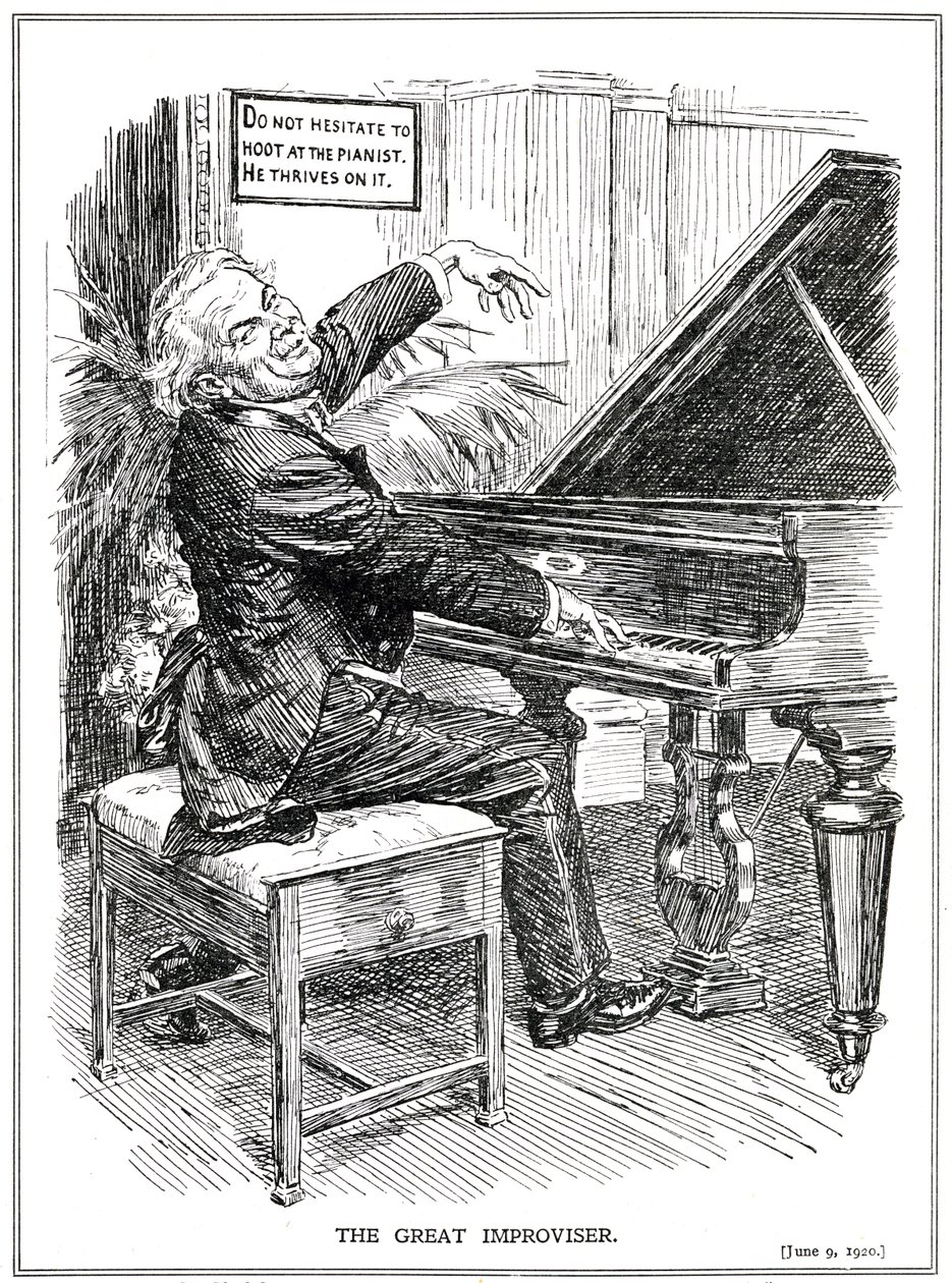 Caricature ridiculisant Lloyd George comme le Grand Improvisateur ou chef des Improvisa-Tories, juin 1920 - English School