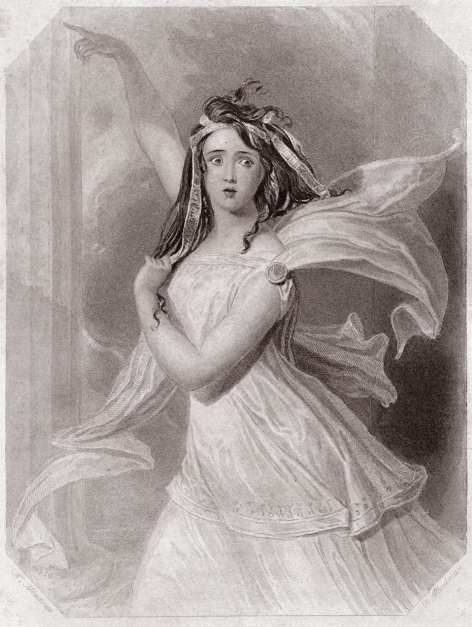 Cassandra (une prophétesse) (Troïlus et Cressida) dans - « Galerie des femmes de Shakespeare, collection de quarante-cinq portraits sérieux par les premiers artistes de Londres, enrichie de notices critiques et littéraires » vers 1838 - de « Galerie des fe - English School