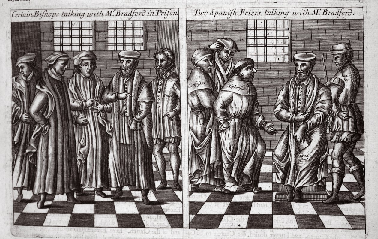 Certains évêques parlant avec M. Bradford en prison, et deux frères espagnols parlant avec M. Bradford, illustration des Actes et Monuments de John Foxe, neuvième édition, pub. 1684 - English School