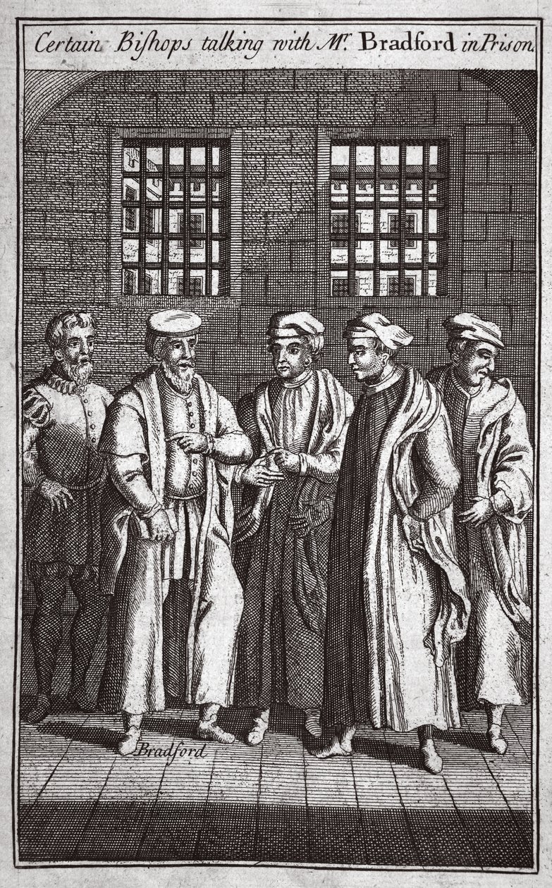 Certains évêques parlant avec M. Bradford en prison, illustration des Martyrs de Foxe vers 1703 - English School