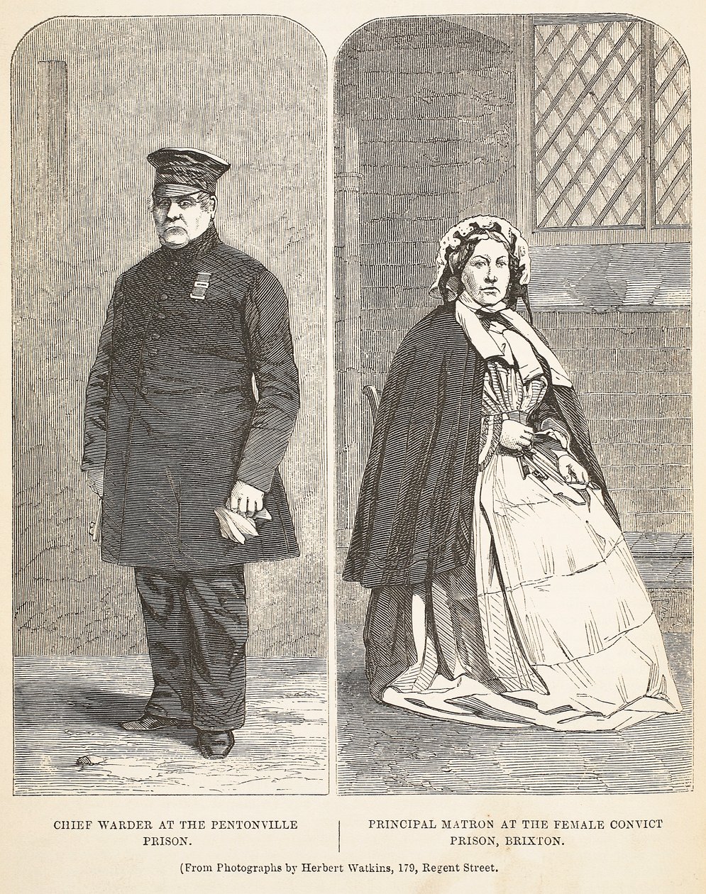 Chef gardien à la prison de Pentonville et matrone principale à la prison pour femmes de Brixton, illustration de The Criminal Prisons of London and Scenes from Prison Life par Henry Mayhew et John - English School