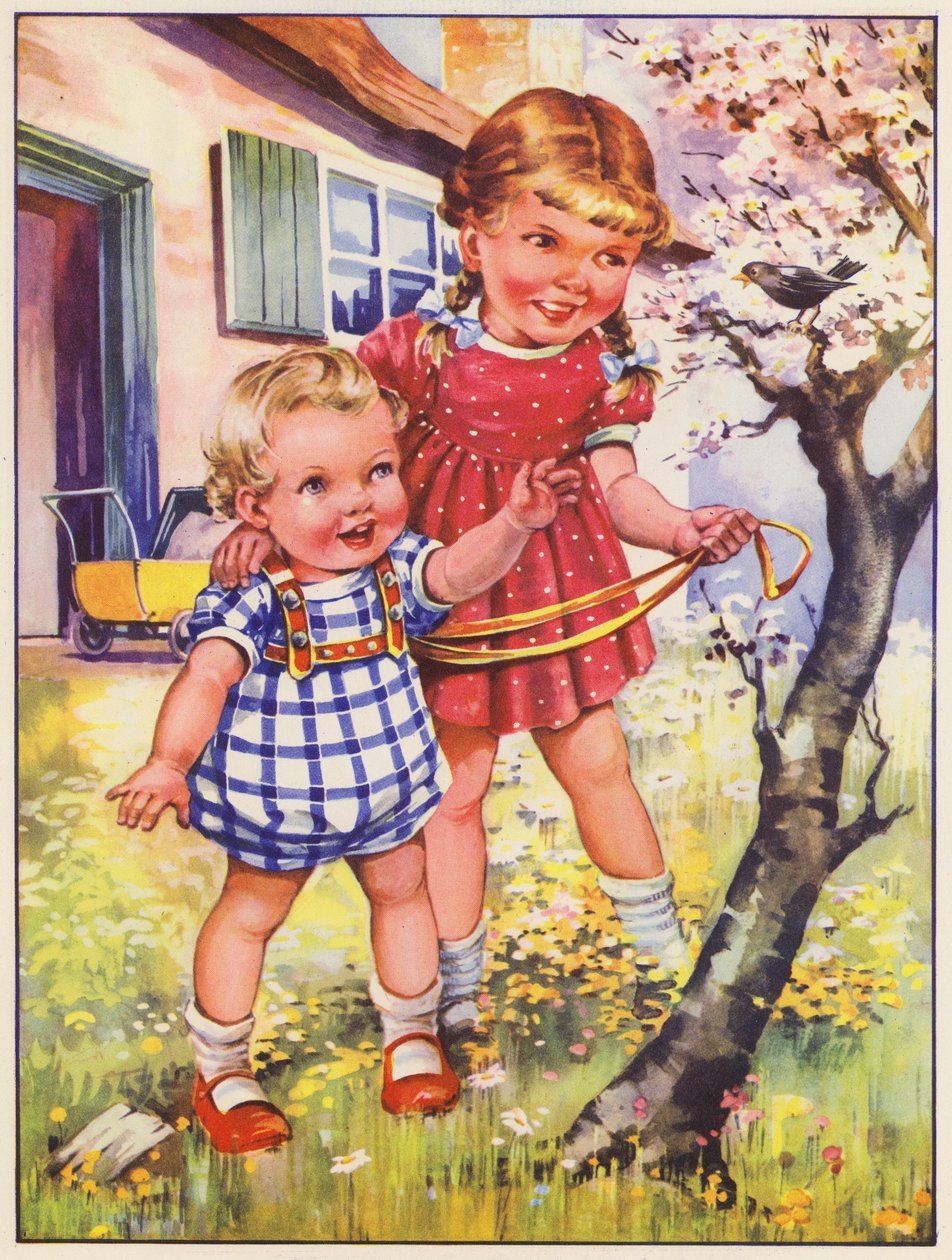Enfants dans le jardin avec un merle (lithographie couleur) - English School