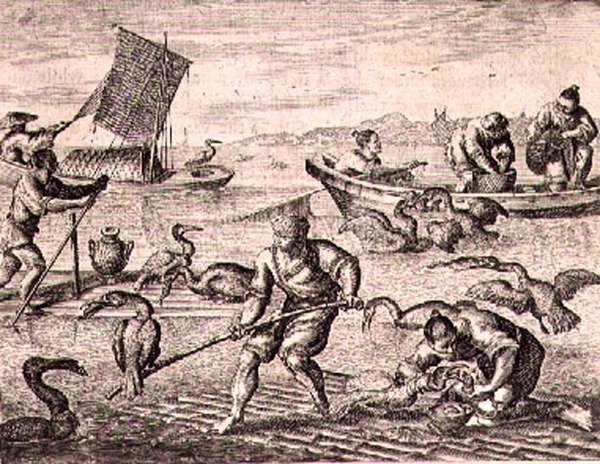 Pêcheurs chinois utilisant des cormorans pour attraper des poissons, illustration d