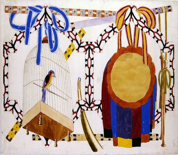 Conception chinoise avec cage à oiseaux et instruments de musique - English School