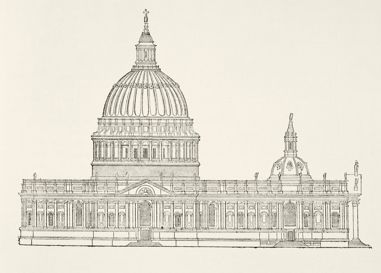 Premier design de Christopher Wren pour la nouvelle cathédrale Saint-Paul après le grand incendie de Londres, de The National and Domestic History of England par William Hickman Smith Aubrey (1858-1916) publié à Londres - English School