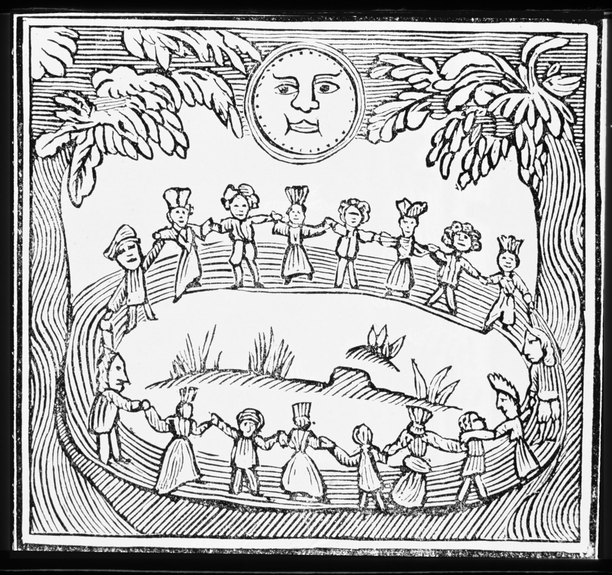 Cercle de sorcières dansant sous une pleine lune, illustration d