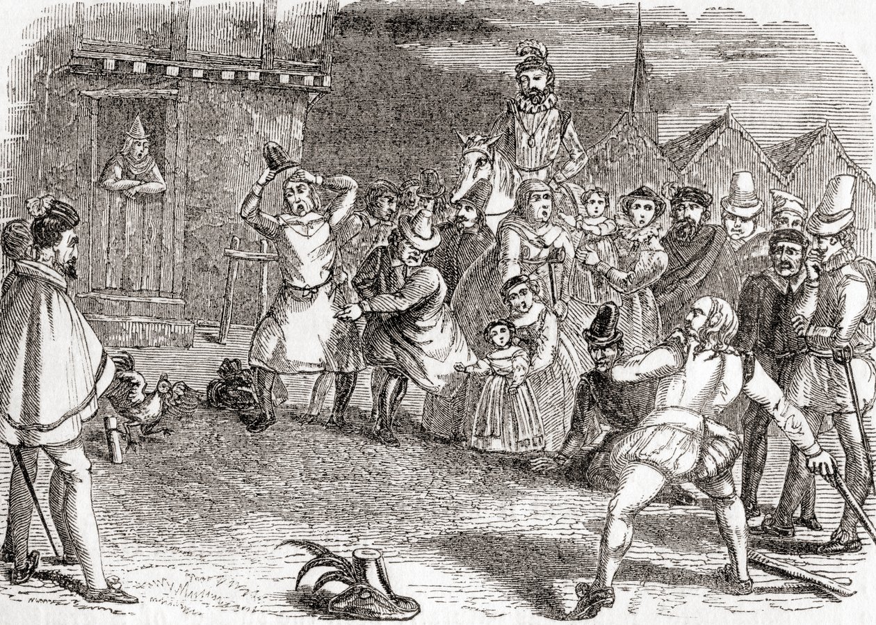 Lancer de coq, alias cock-shying ou lancer sur des coqs, tirée de Old England: A Pictorial Museum, pub. 1847 - English School