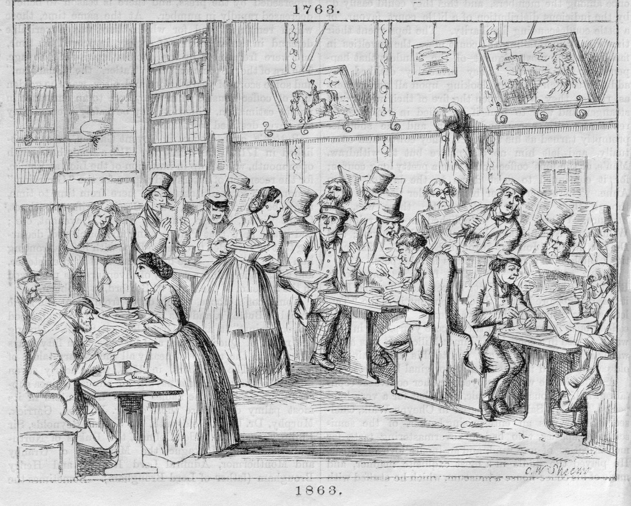 Salle de café en 1863, de London Coffee-Houses Past and Present (gravure en couleur) - English School