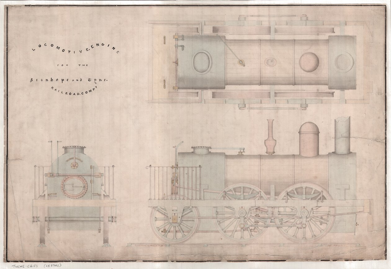 Dessin de construction, locomotive 0-4-2 et tender par R. et W. Hawthorn and Co. pour la Stanhope and Tyne Railway Co - English School