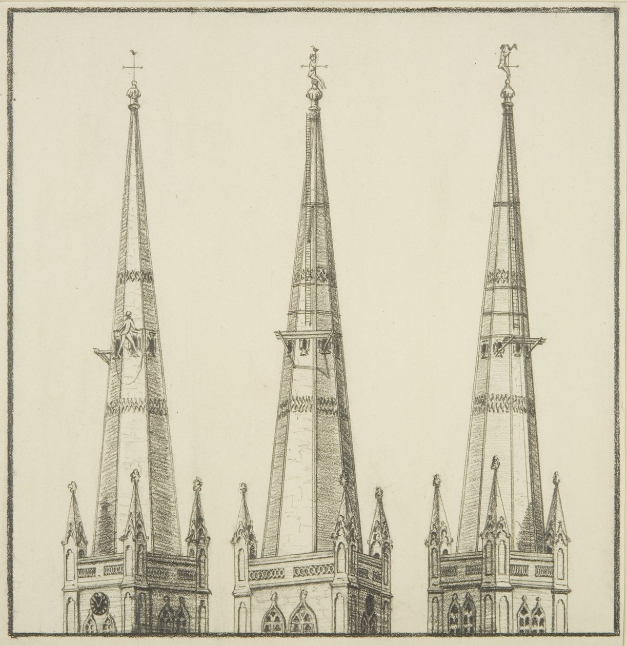 Copie de dessin du clocher de St Nicholas, montrant le retrait de la girouette - English School