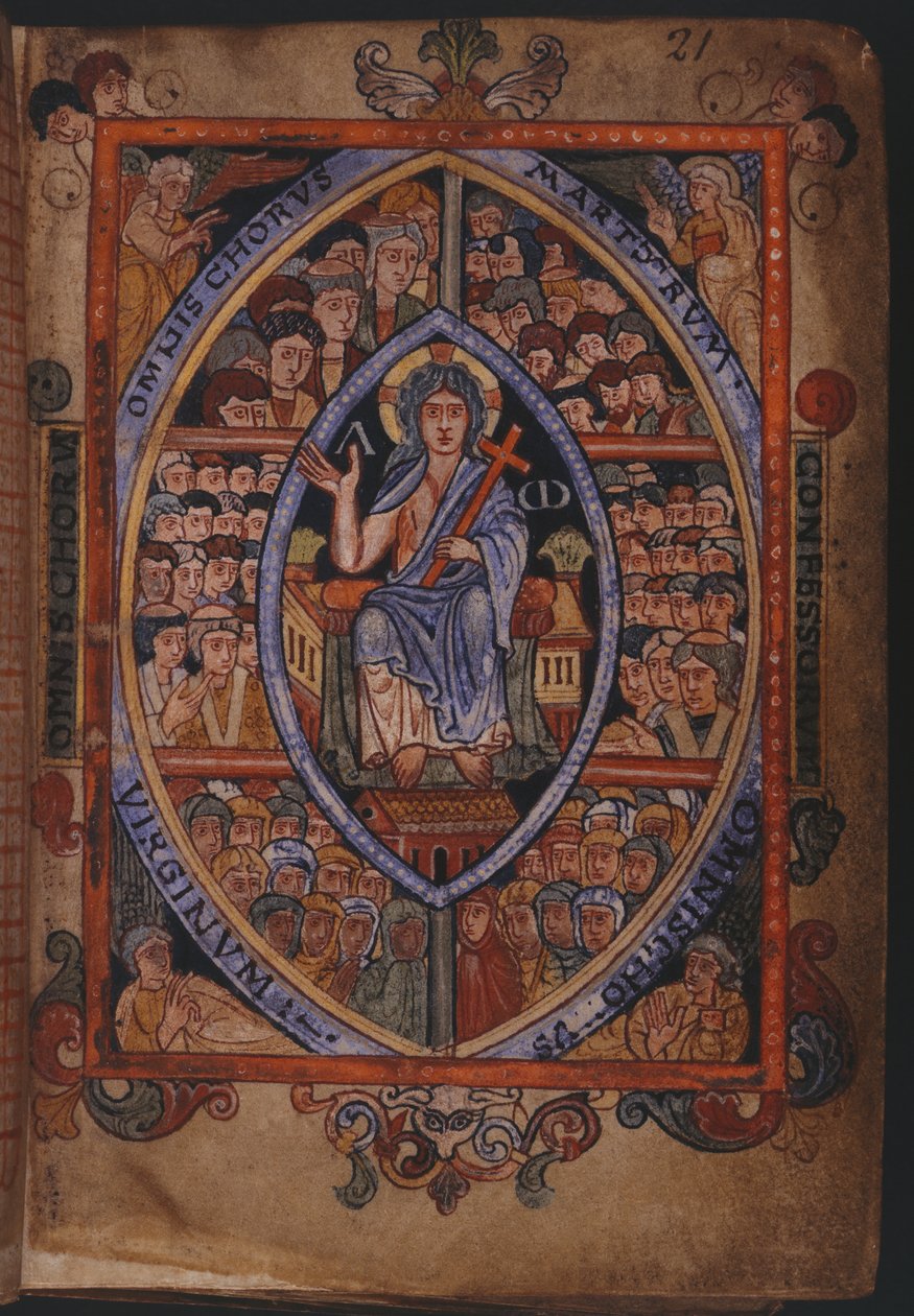 Cotton Galba A. XVIII, f.21 Christ en trône avec des chœurs de martyrs, confesseurs et vierges - English School