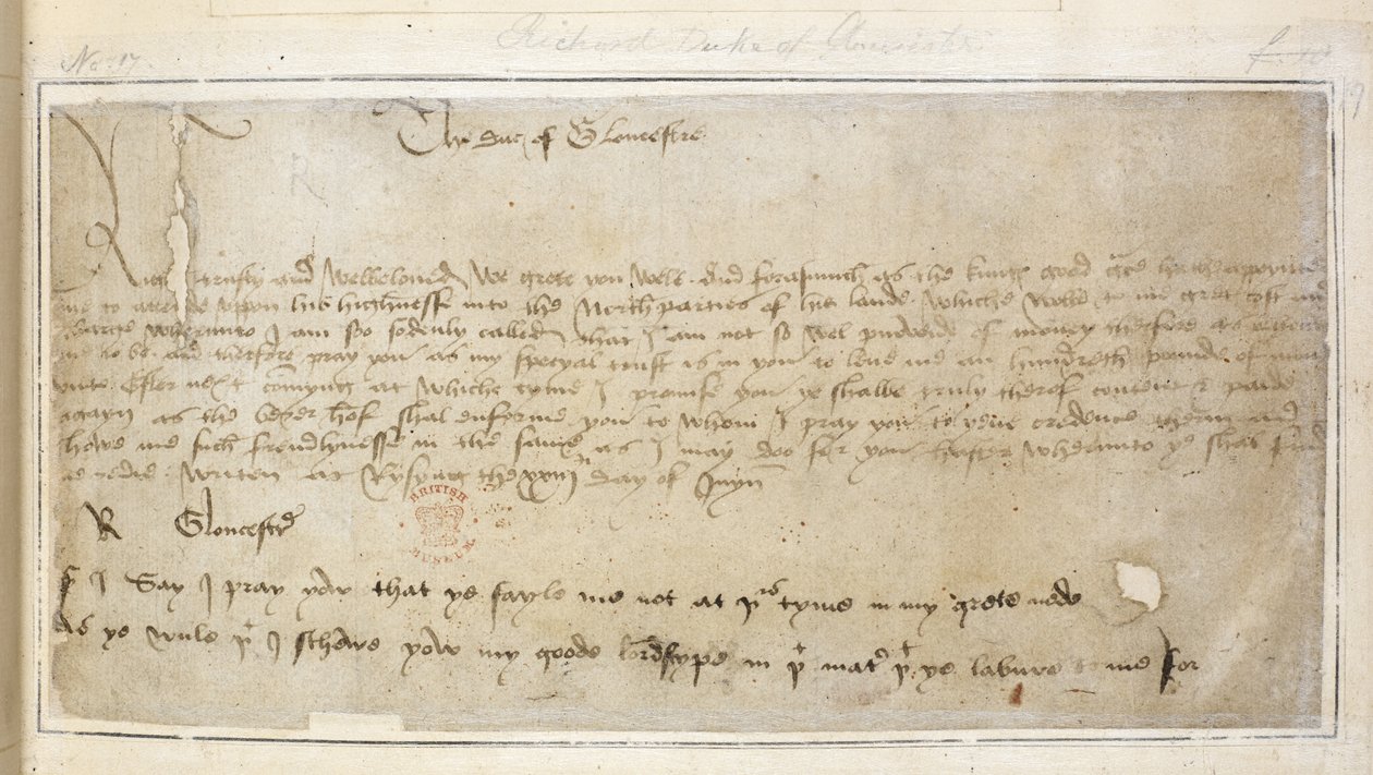 Première lettre survivante de Richard à Sir John Say - English School