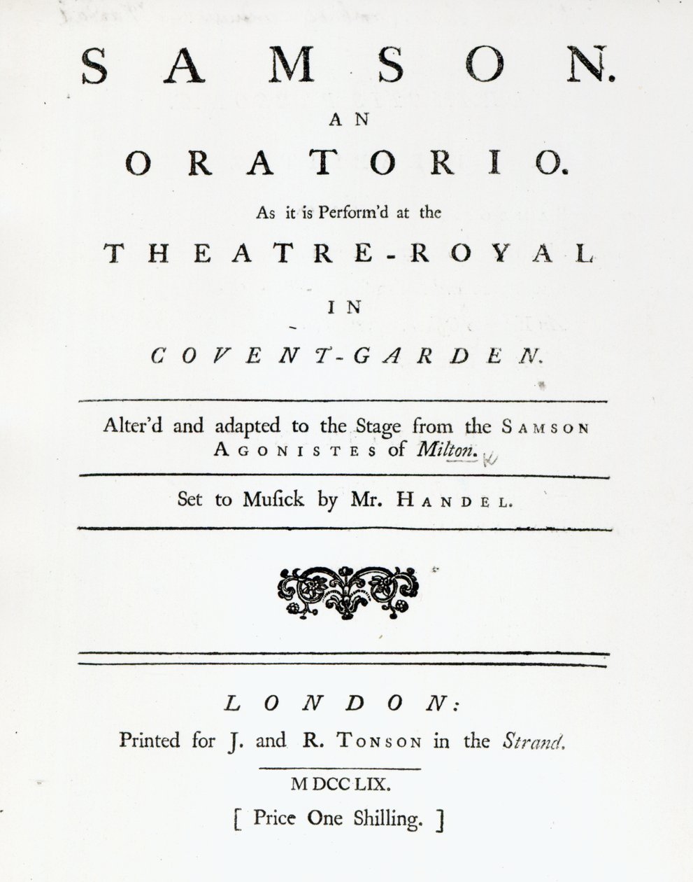 Couverture de la partition pour Samson, un oratorio de Haendel, publiée en 1759 - English School