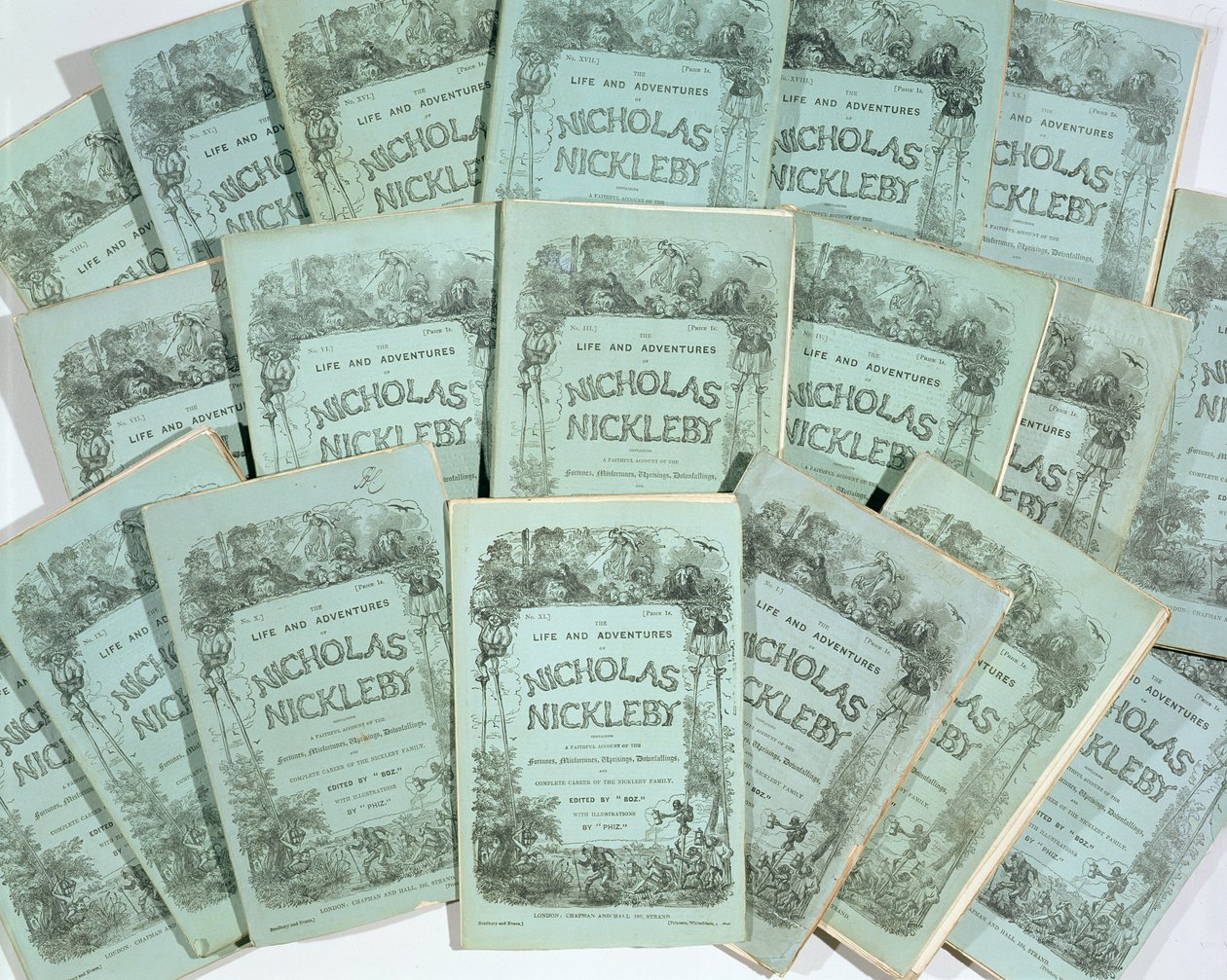 Couvertures des éditions mensuelles de La Vie et les Aventures de Nicholas Nickleby par Charles Dickens (1812-70), publiées en 1839 - English School