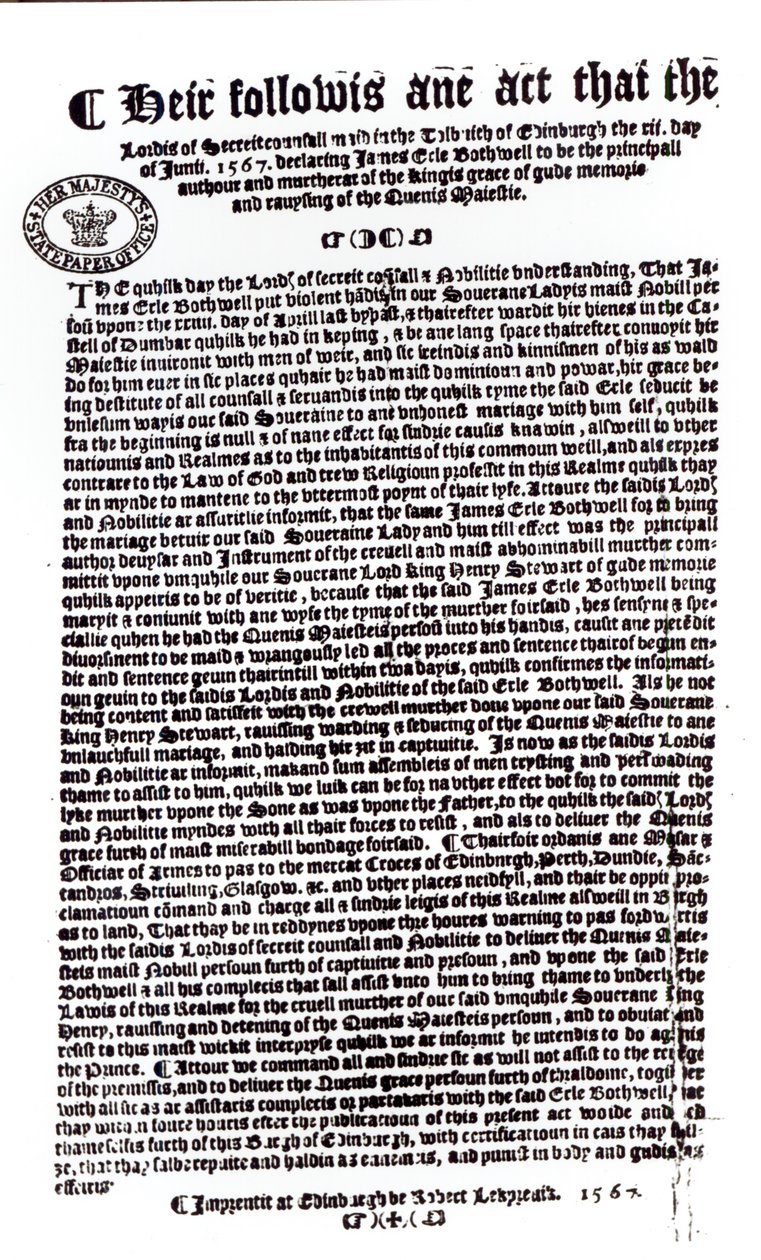 Déclaration des Lords indiquant le comte de Bothwell comme le meurtrier de Lord Darnley, 1567 - English School