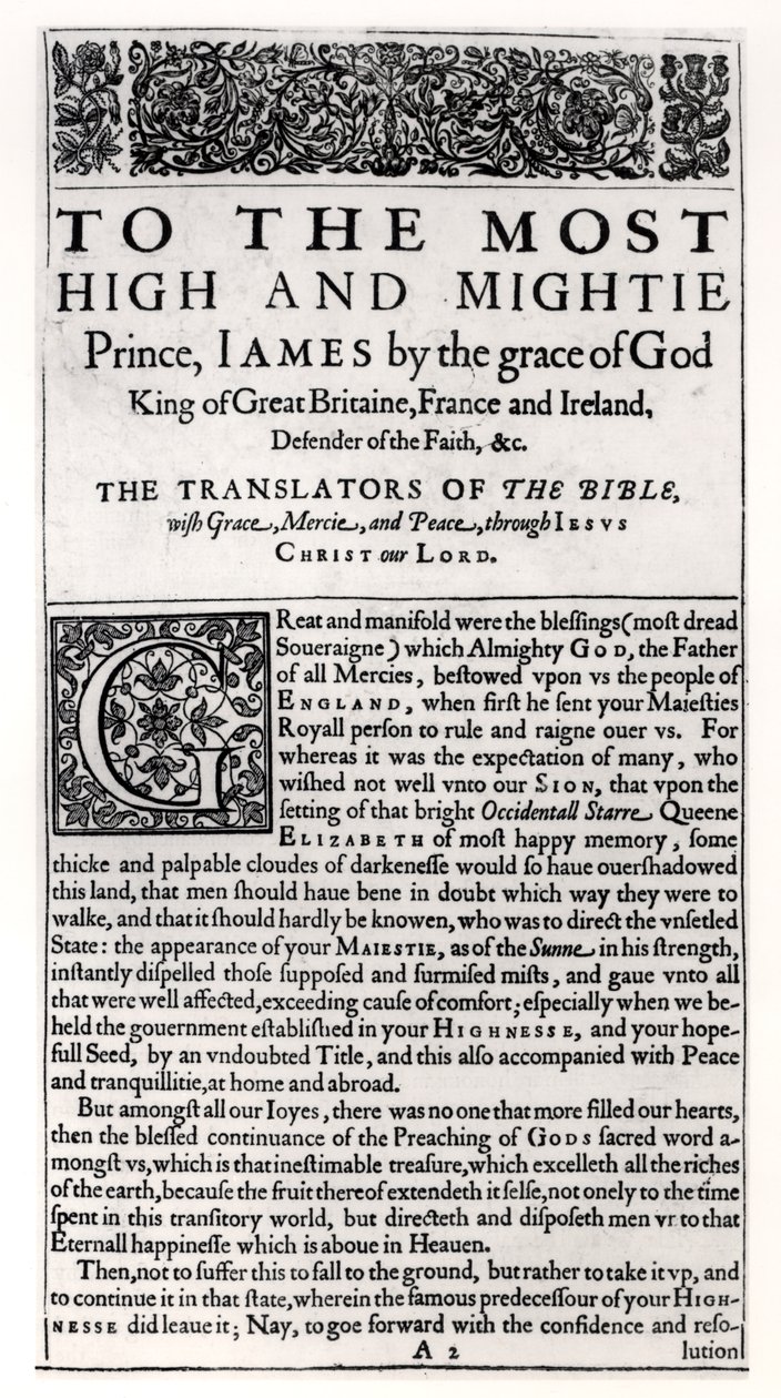 Page de dédicace dans La Sainte Bible, pub. par Robert Barker, 1611 - English School