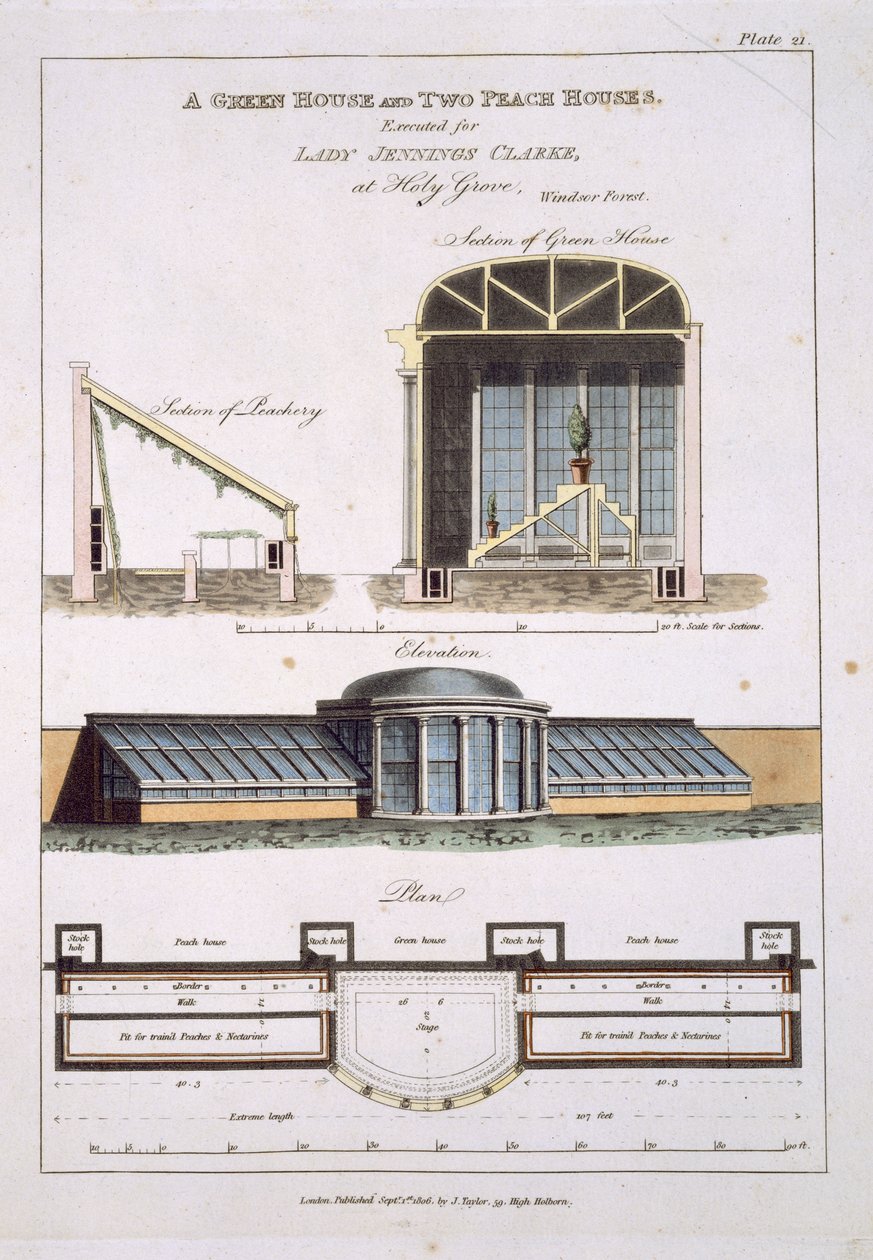 Conception pour une serre et deux maisons de pêchers, 1806 - English School