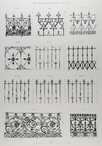 Dessins pour des balustrades en fonte, de 