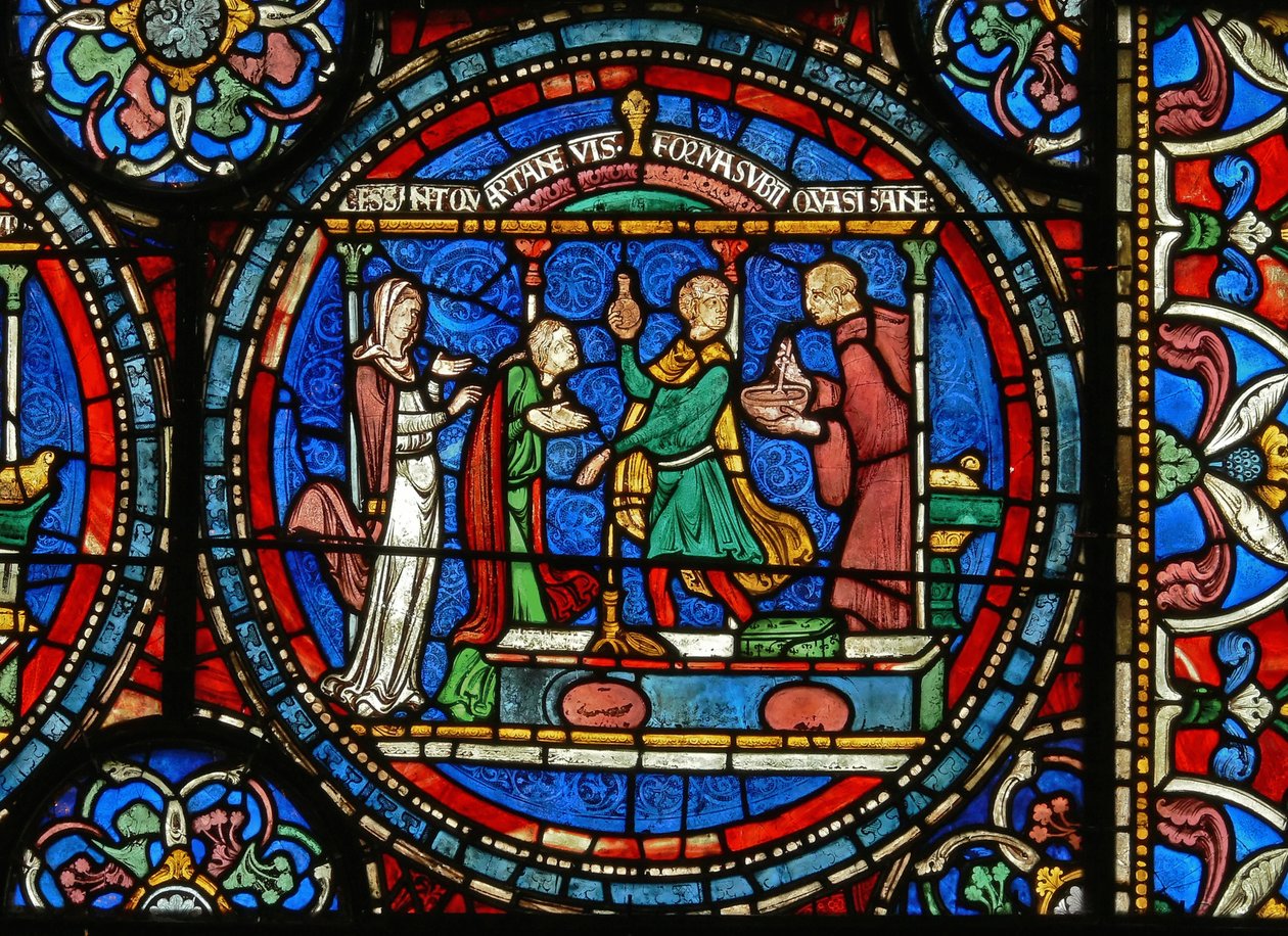 (détail) de la fenêtre du Miracle : Audrey de Canterbury prenant de l