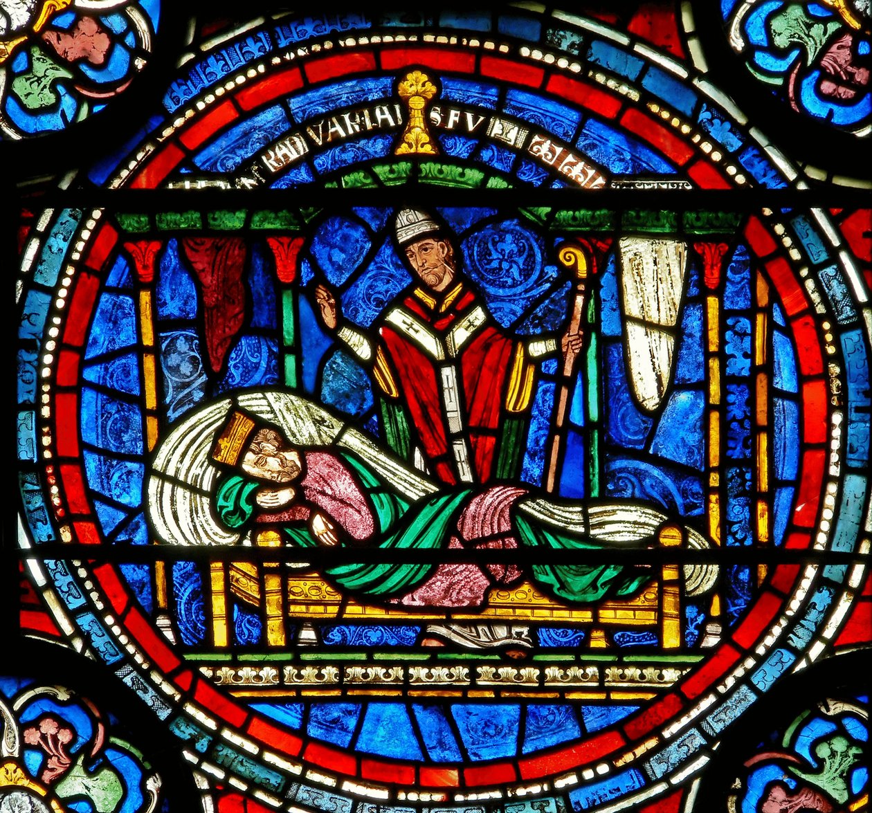 (détail) de la fenêtre du Miracle représentant le roi Louis VII informé par Thomas d