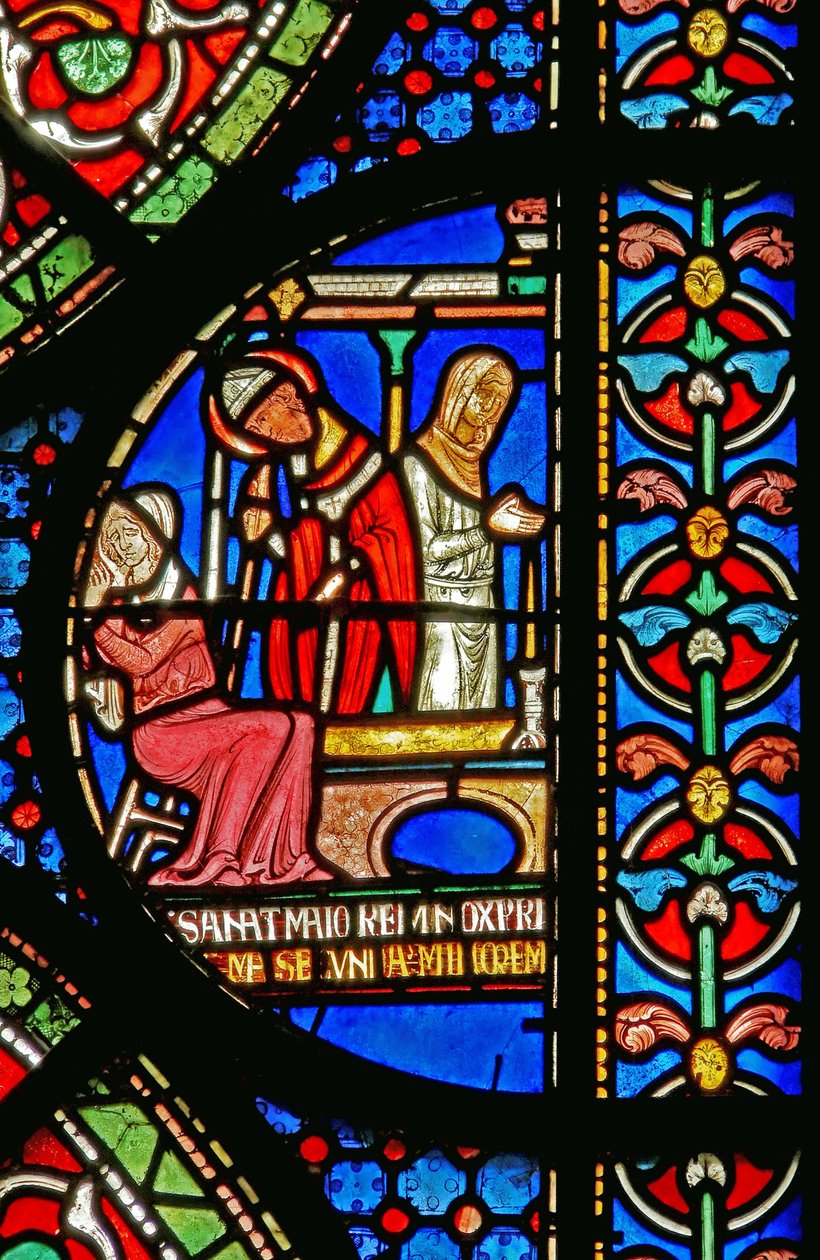 (détail) de la fenêtre du Miracle : guérison des filles de Godbold de Boxley - English School