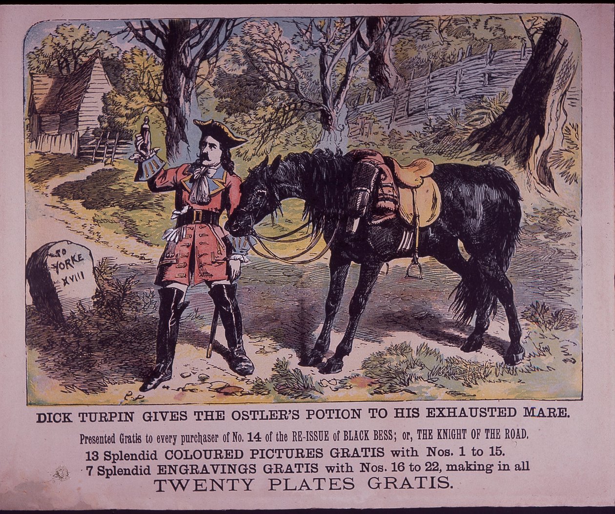Dick Turpin avec son cheval Black Bess en route pour York (lithographie en couleur) - English School