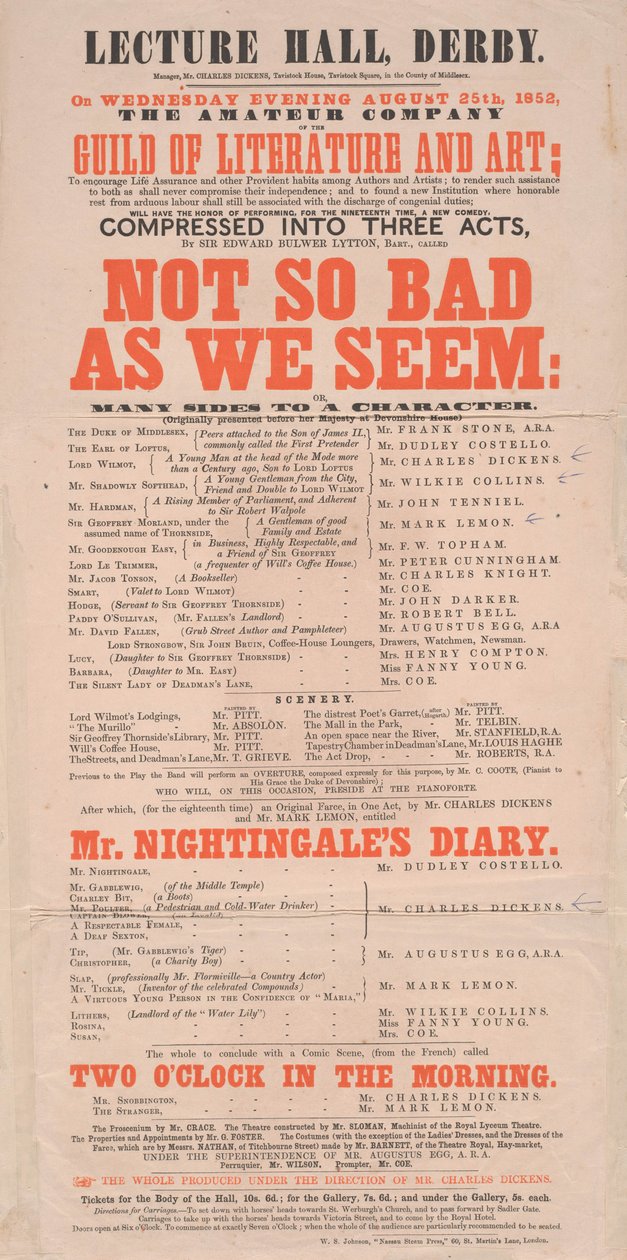 Affiche de Dickens : Not So Bad As We Seem au Lecture Hall, Derby, programme du 25 août 1852 - English School