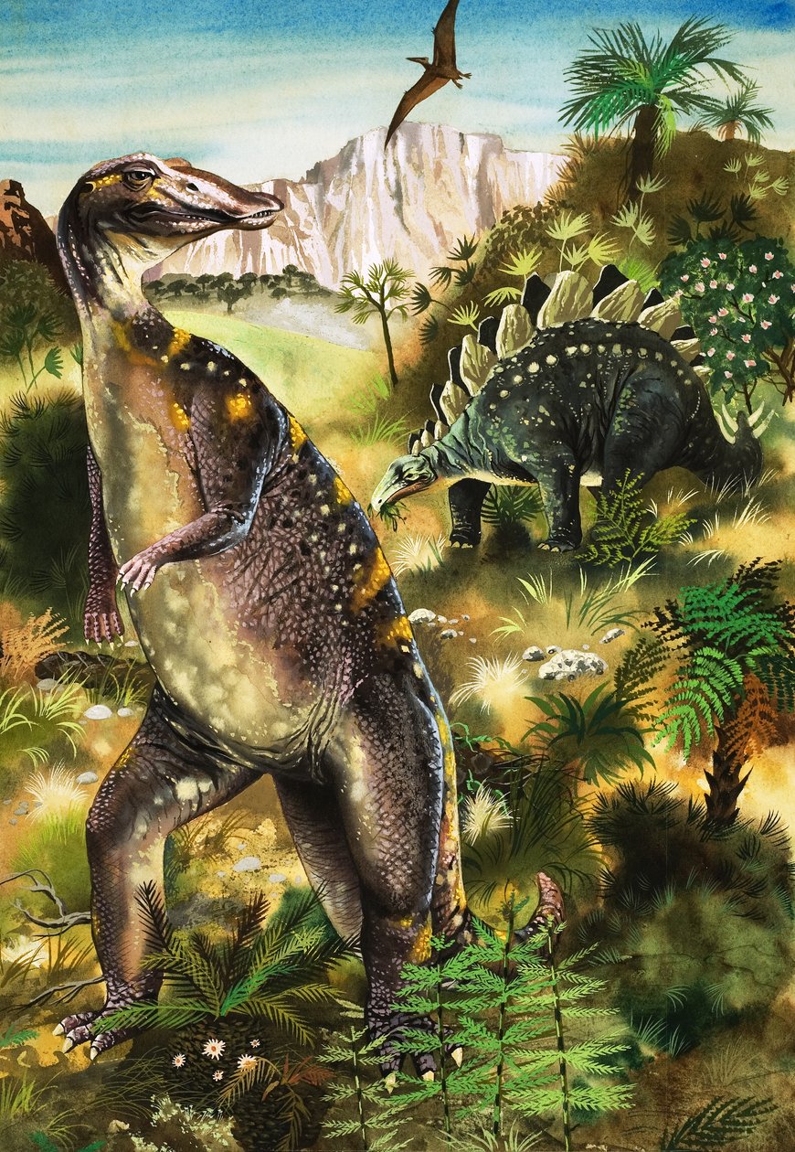 Dinosaures, illustration de "When Monsters Ruled the Earth" (gouache sur papier) - English School