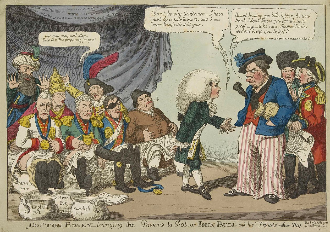 Docteur Boney amenant les puissances à Pot, ou John Bull et ses amis plutôt timides, pub. 1808 (gravure en couleur) - English School
